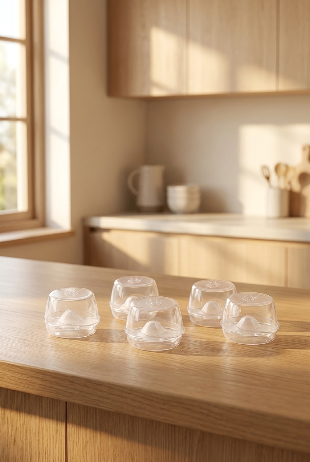 silicone stove knob covers on a warm oak kitchen counter in soft golden-hour light