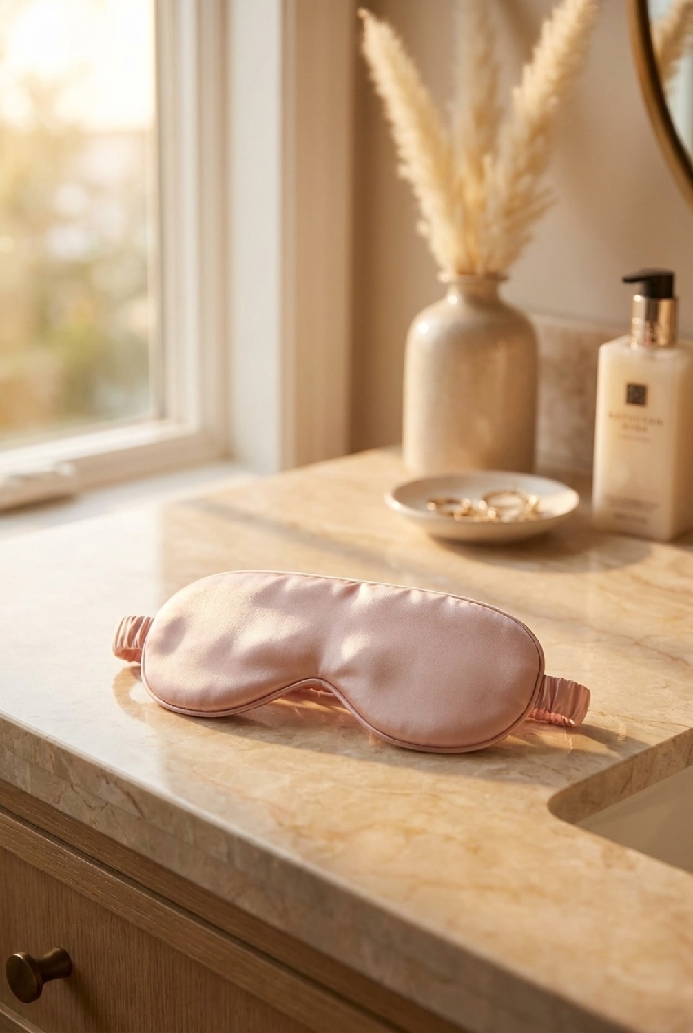 silk sleep mask on a calm bathroom vanity in soft golden-hour light