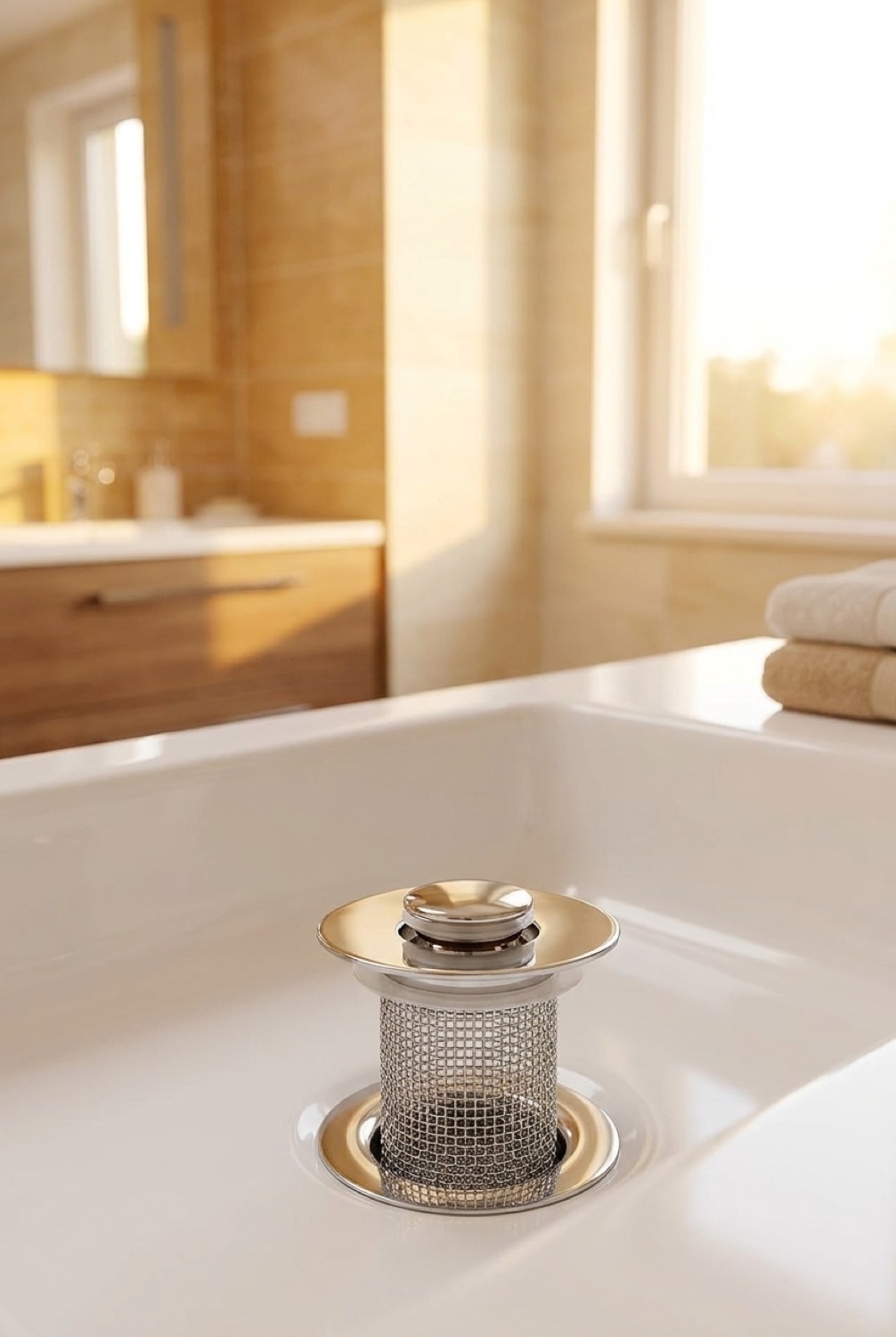 sink drain hair catcher in a bright spotless home in soft golden-hour light