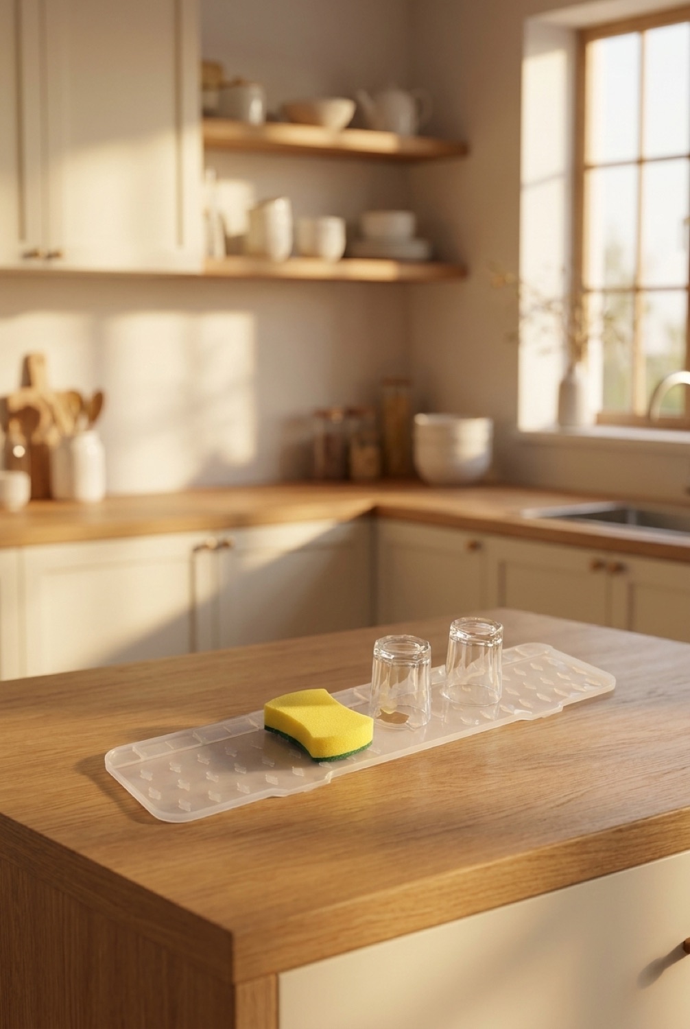 sink splash guard on a warm oak kitchen counter in soft golden-hour light