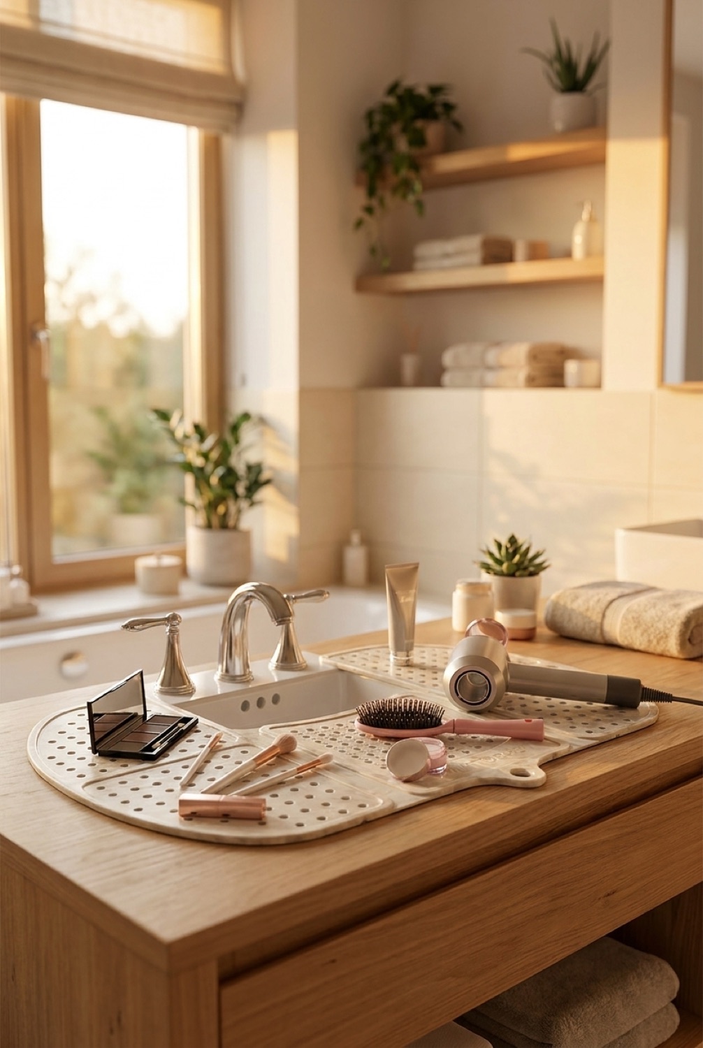 Sink Topper in a serene minimalist bathroom in soft golden-hour light