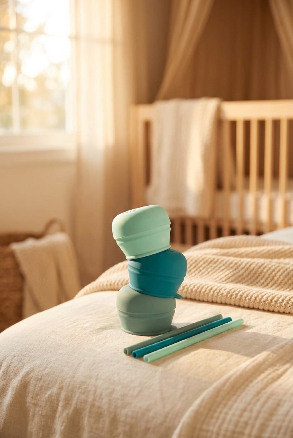 sippy cup lids in a calm soft nursery in soft golden-hour light
