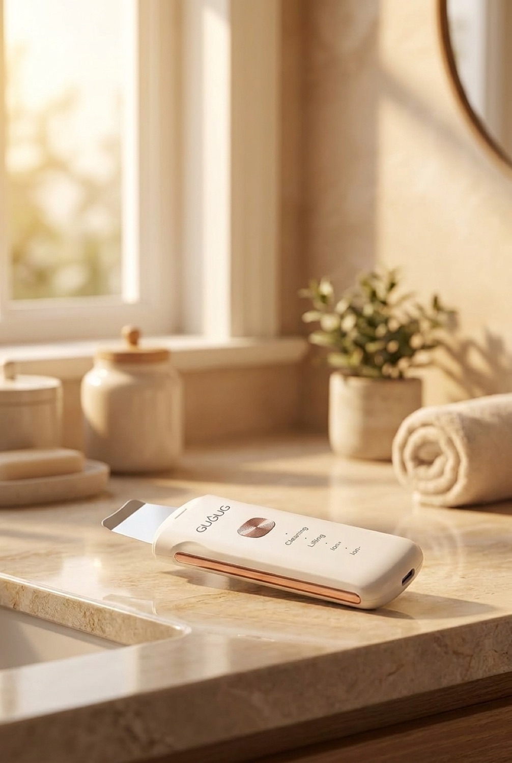 skin scrubber on a calm bathroom vanity in soft golden-hour light