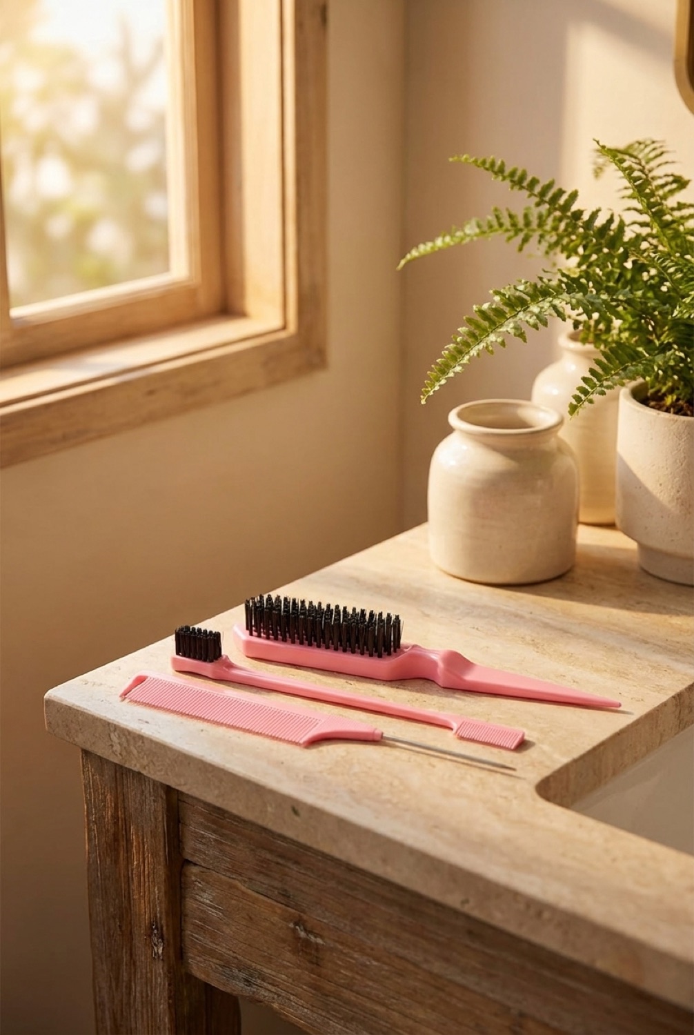Slick-Back Hair Brush Set in a calm bathroom vanity in soft golden-hour light