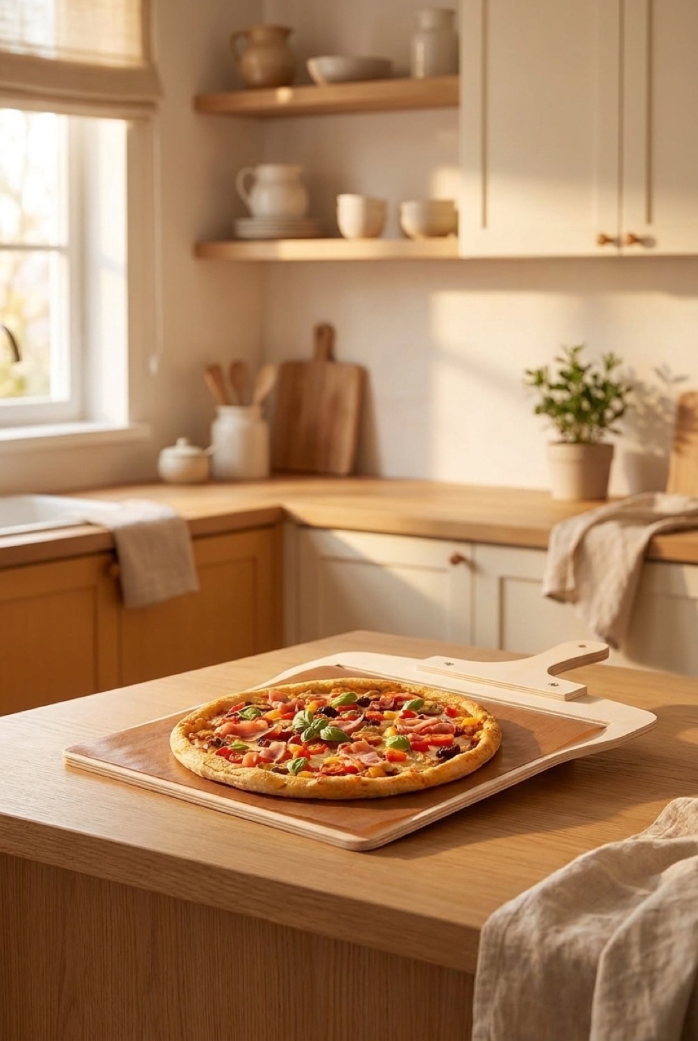 sliding pizza peel on a warm oak kitchen counter in soft golden-hour light