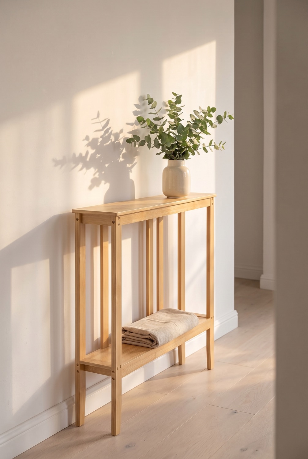 Slim two-tier light wood console table in a sunlit hallway styled with a vase and folded throw