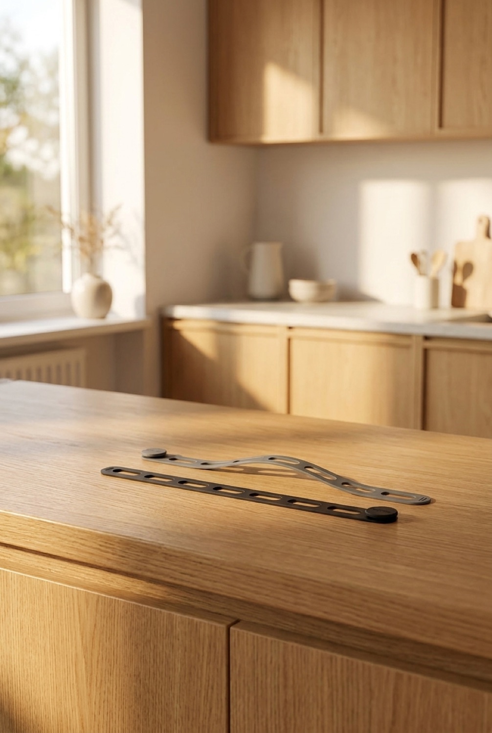 slow cooker lid strap on a warm oak kitchen counter in soft golden-hour light