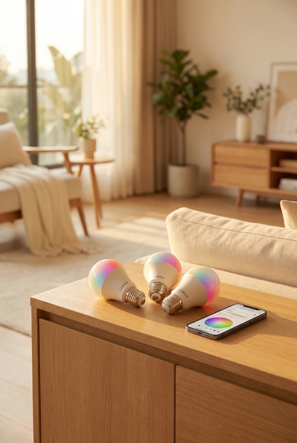smart light bulbs on a clean modern console in soft golden-hour light