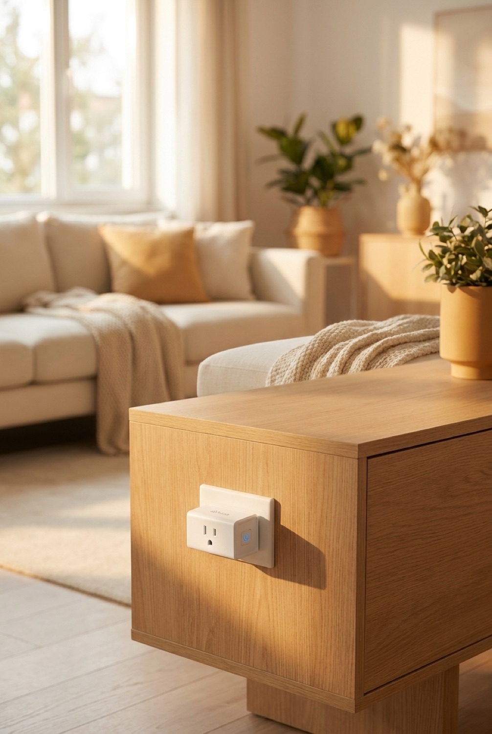 smart plug on a clean modern console in soft golden-hour light