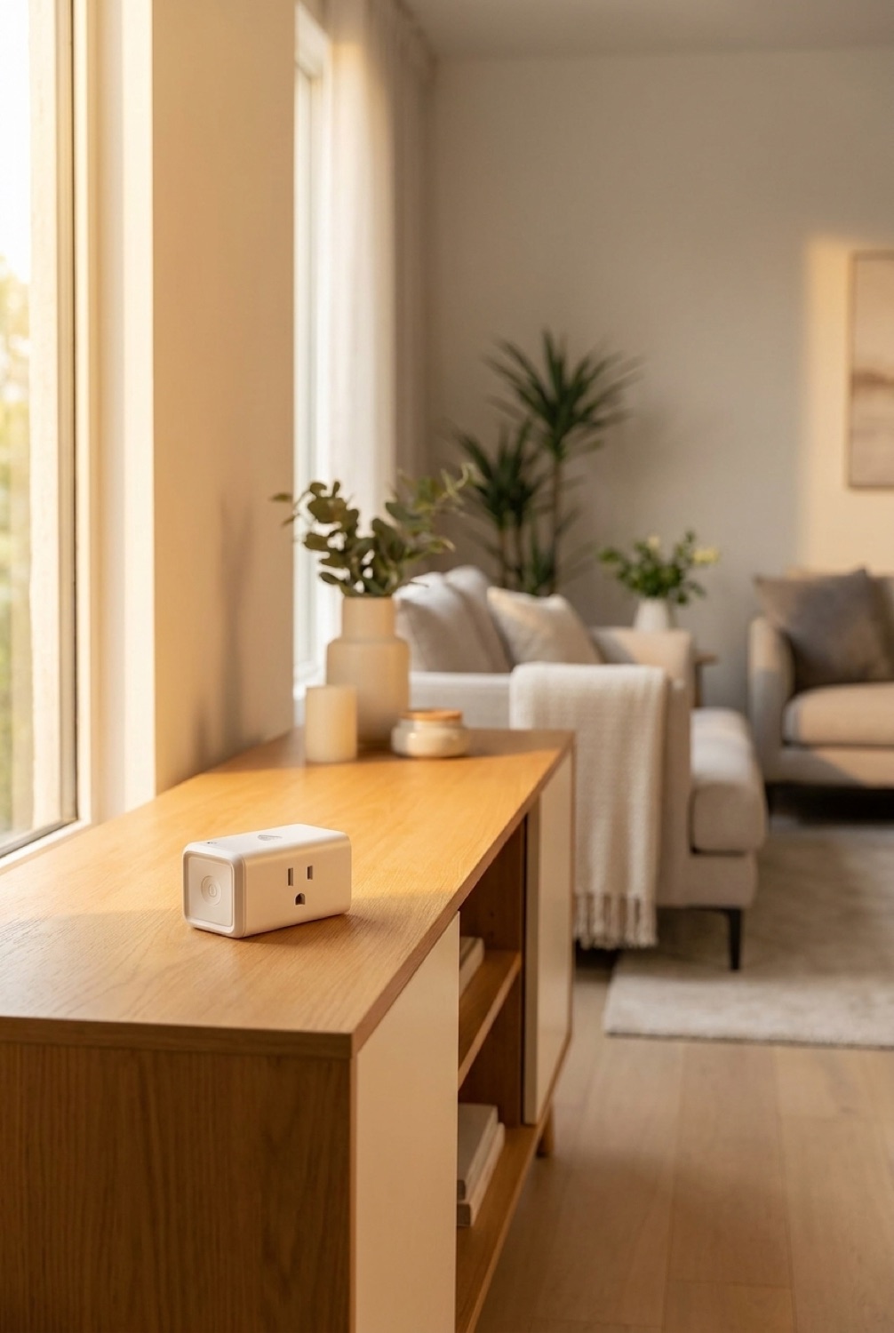 smart plug energy monitor on a clean modern console in soft golden-hour light