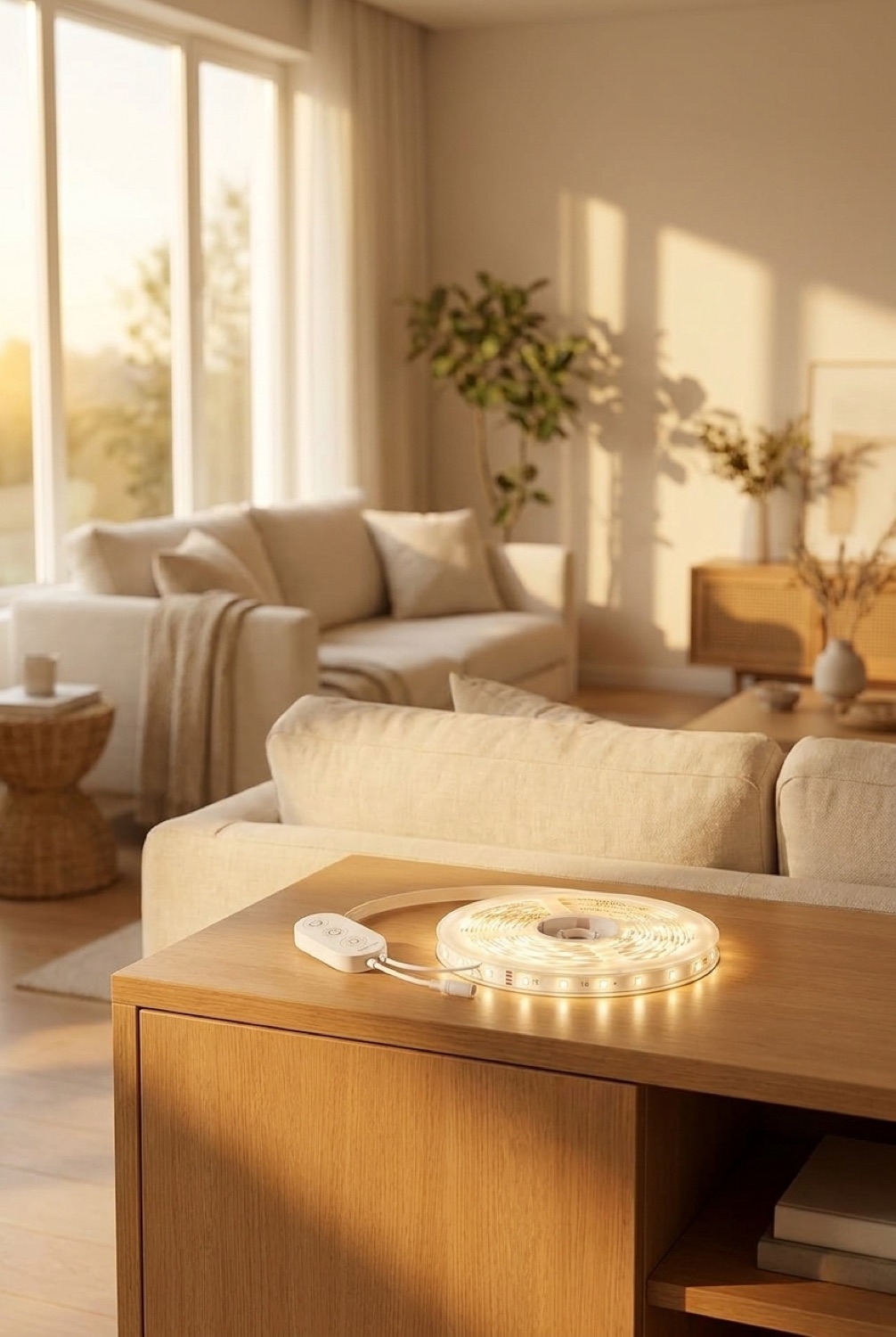 smart strip lights on a clean modern console in soft golden-hour light