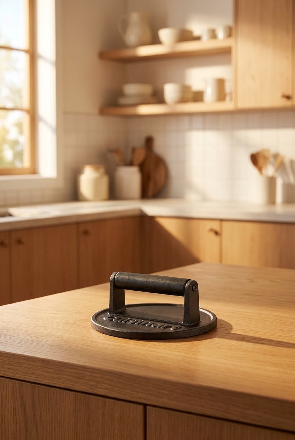 smash burger press on a warm oak kitchen counter in soft golden-hour light