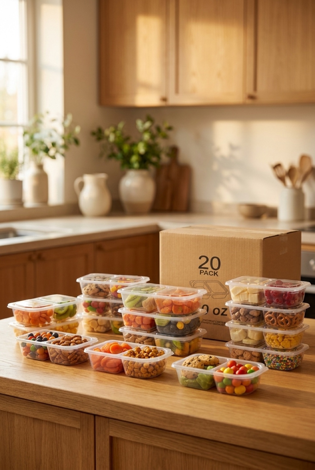 snack containers on a warm oak kitchen counter in soft golden-hour light