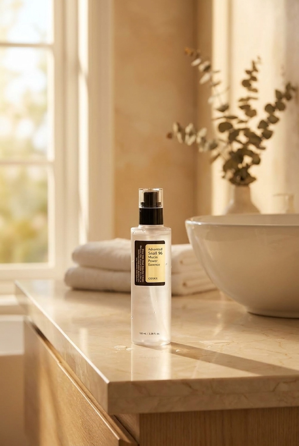 Snail Mucin Essence in a calm bathroom vanity in soft golden-hour light