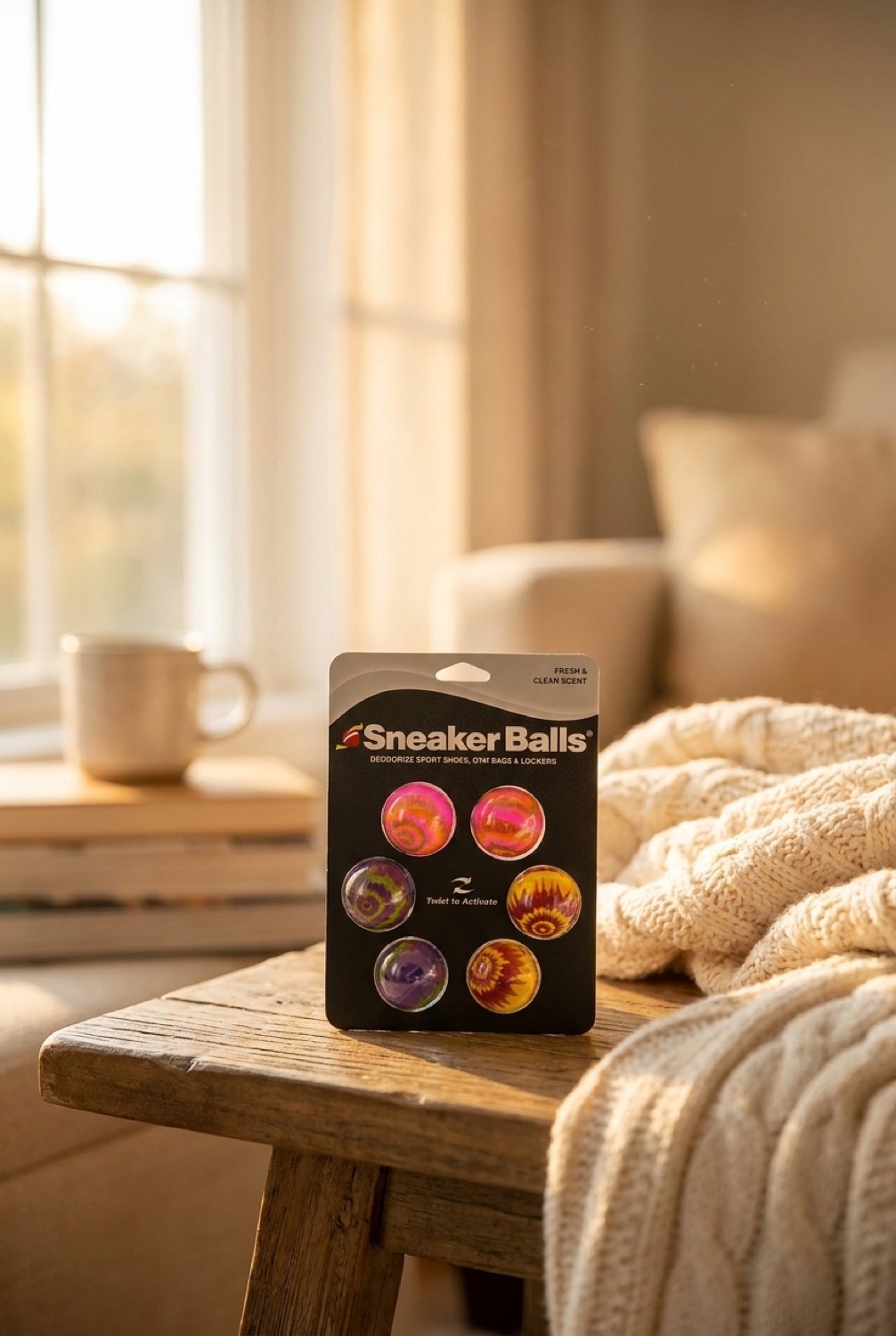 sneaker balls in a warm cosy living room in soft golden-hour light