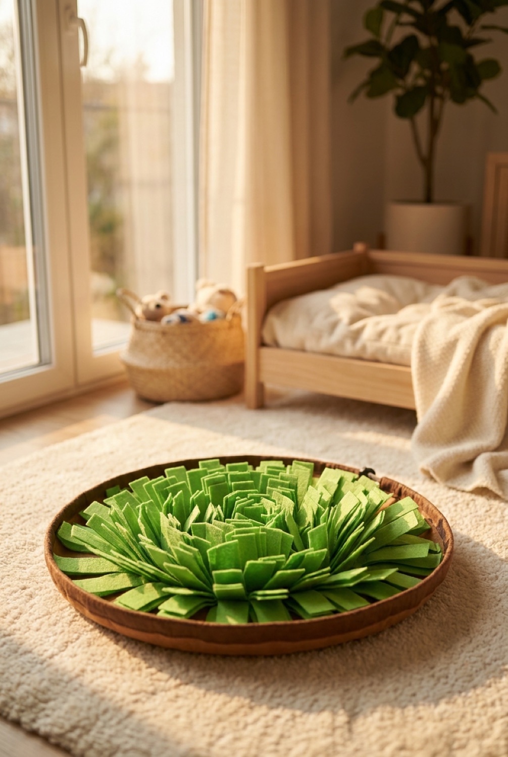 snuffle mat in a cosy home pet corner in soft golden-hour light