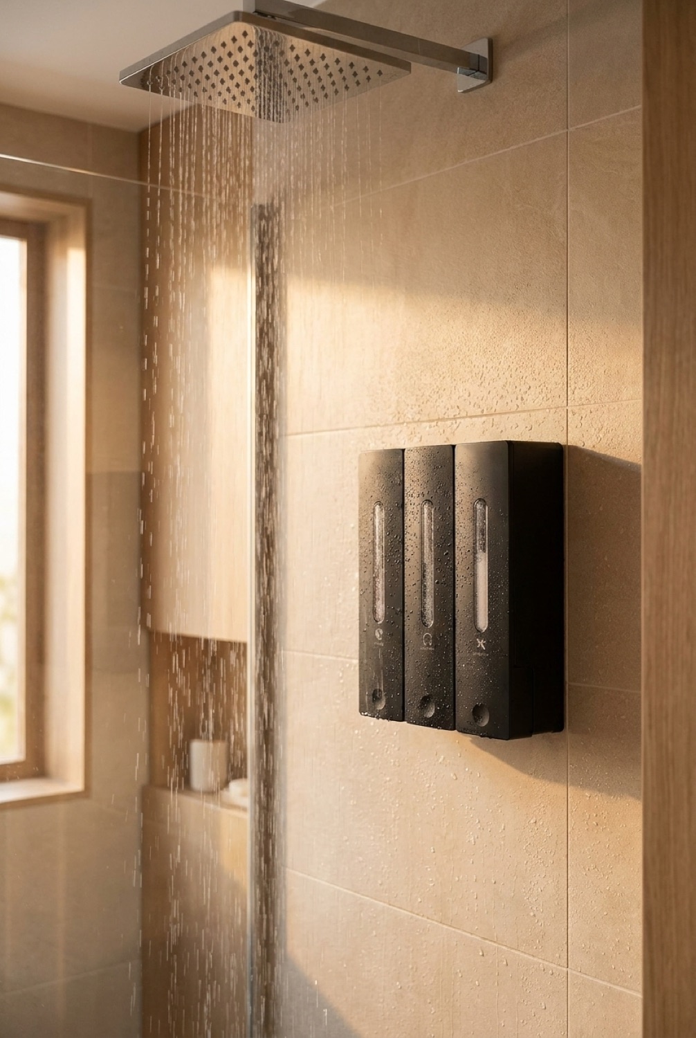 Black three-chamber soap dispenser mounted on the tiled wall inside a walk-in shower in golden light