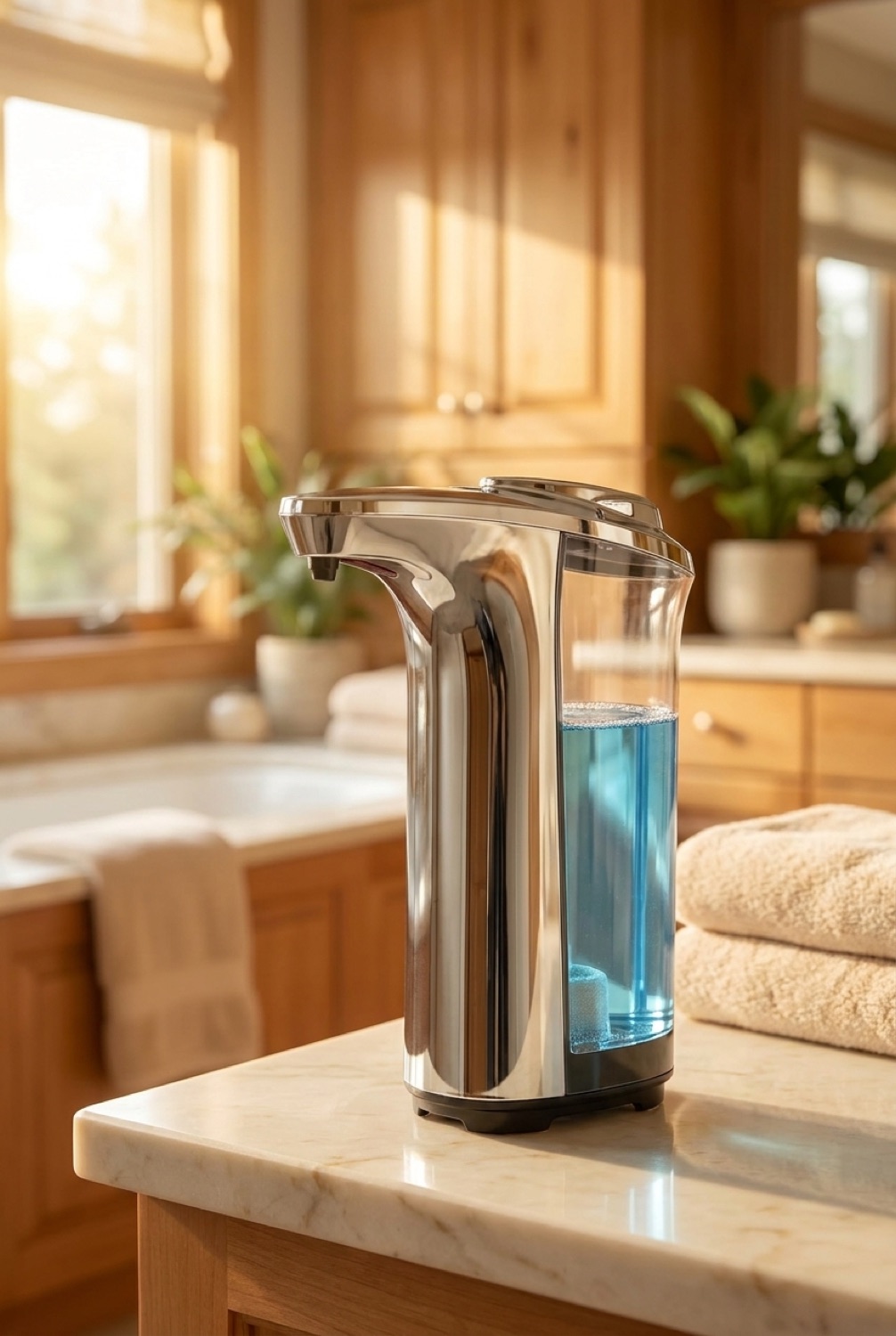 soap dispenser in a serene spa-like bathroom in soft golden-hour light