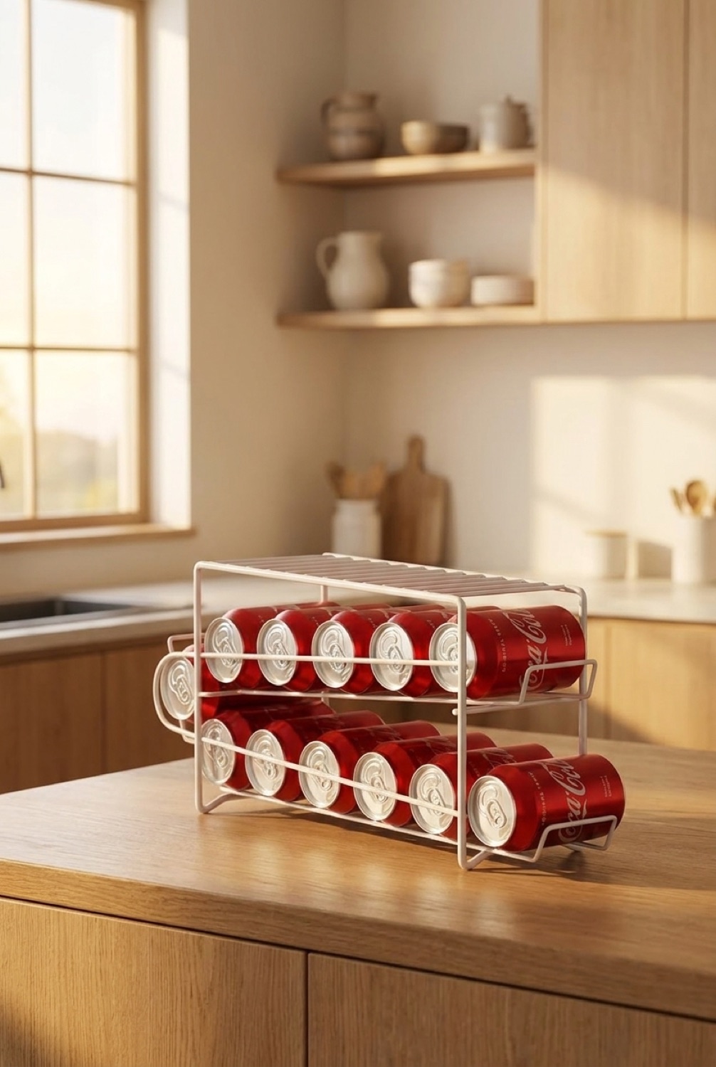 soda can dispenser on a warm oak kitchen counter in soft golden-hour light