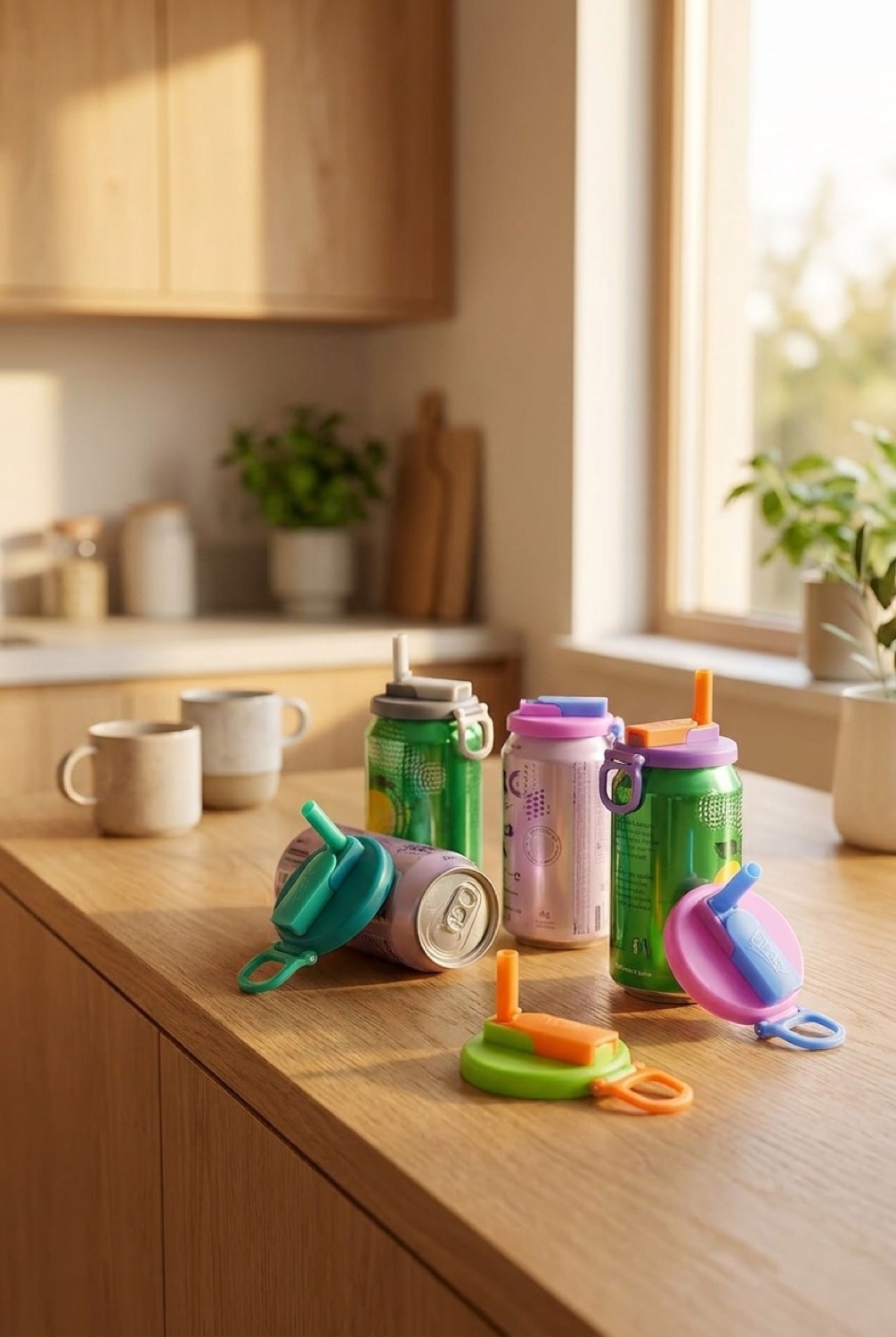 soda can lids on a warm oak kitchen counter in soft golden-hour light