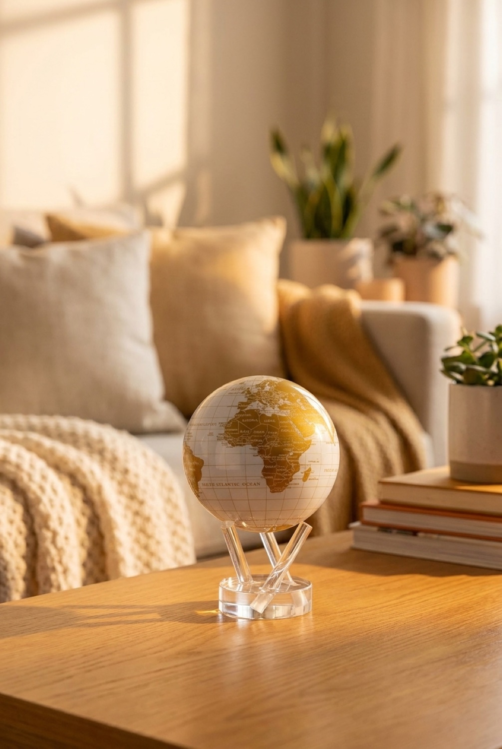 Solar Rotating Globe in a calm living room in soft golden-hour light