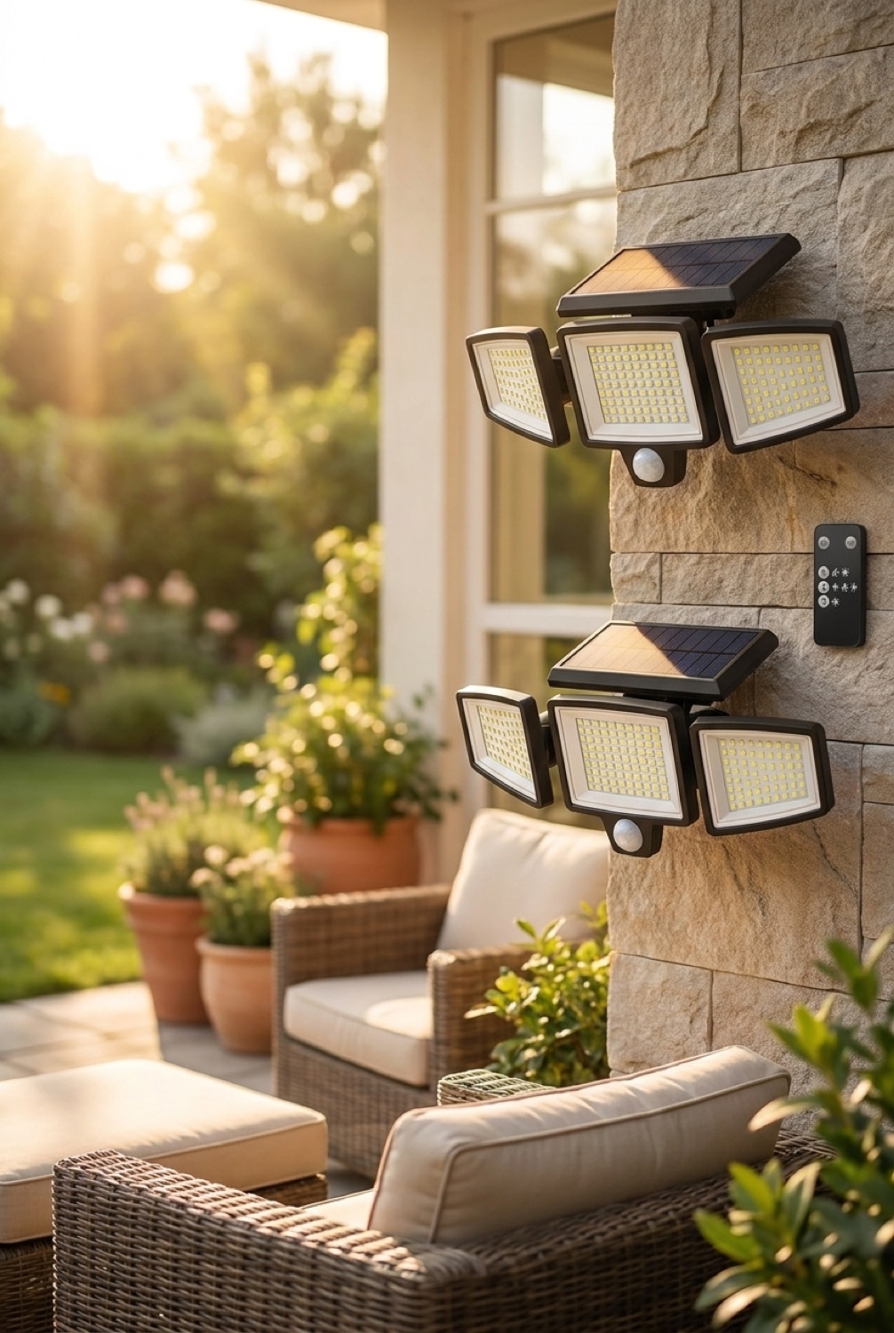 solar security lights on a sunny garden patio in soft golden-hour light