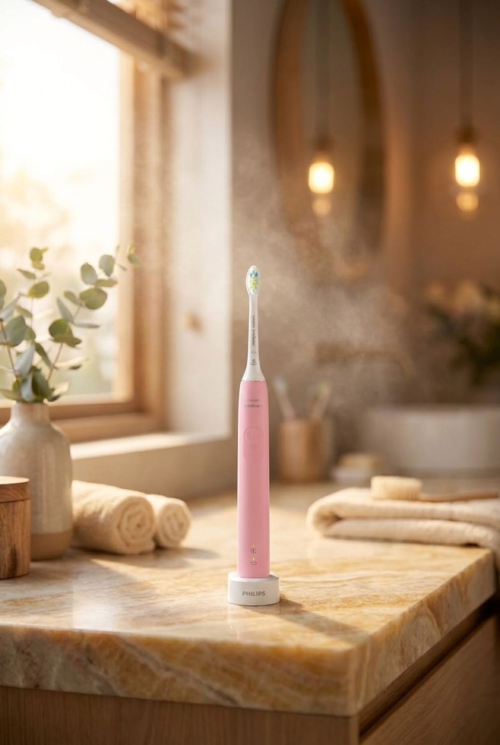 sonic toothbrush in a serene spa-like bathroom in soft golden-hour light