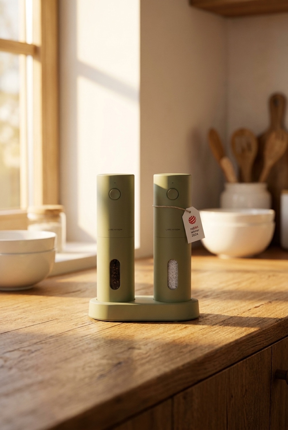 spice grinder set on a warm oak kitchen counter in soft golden-hour light