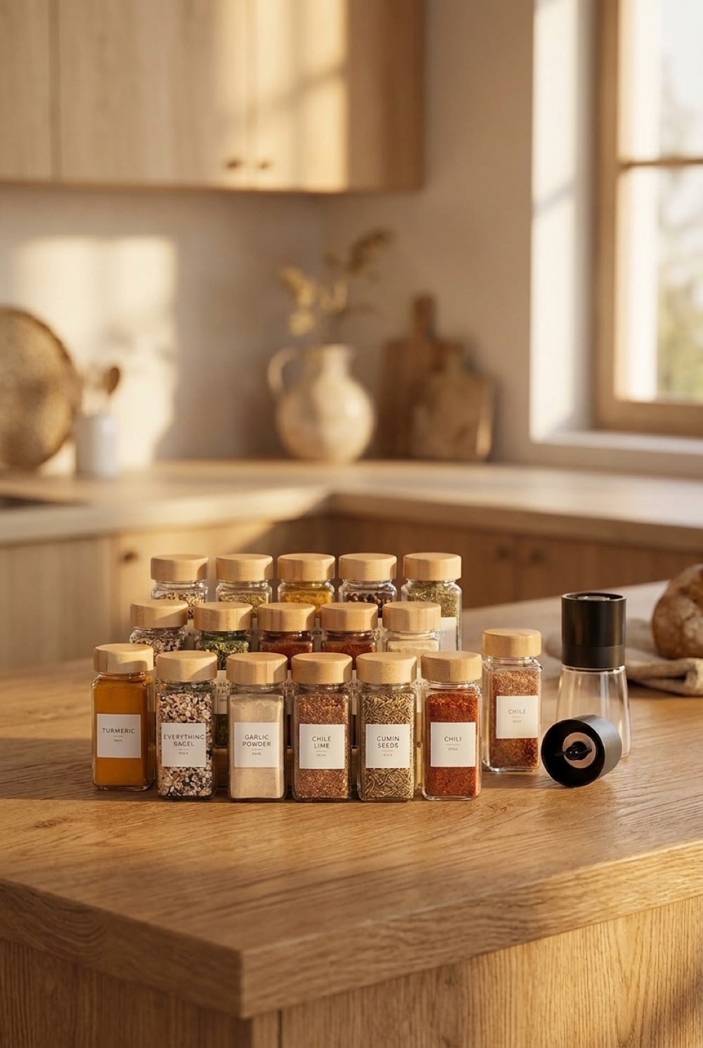 spice jar set on a warm oak kitchen counter in soft golden-hour light