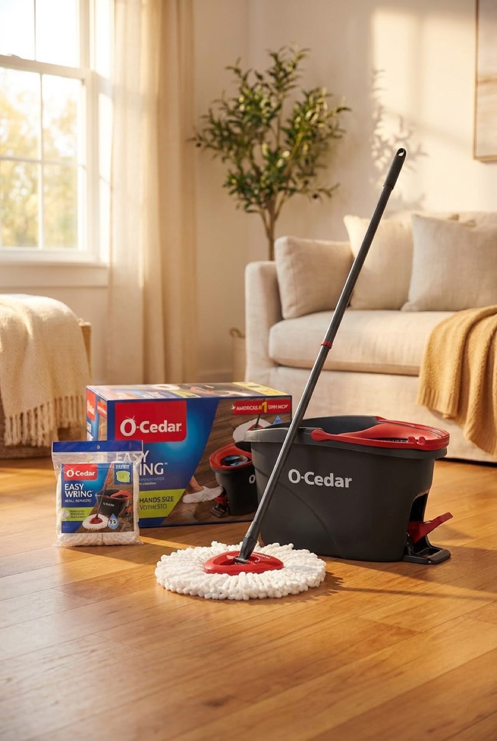 Spin Mop in a calm clean home in soft golden-hour light