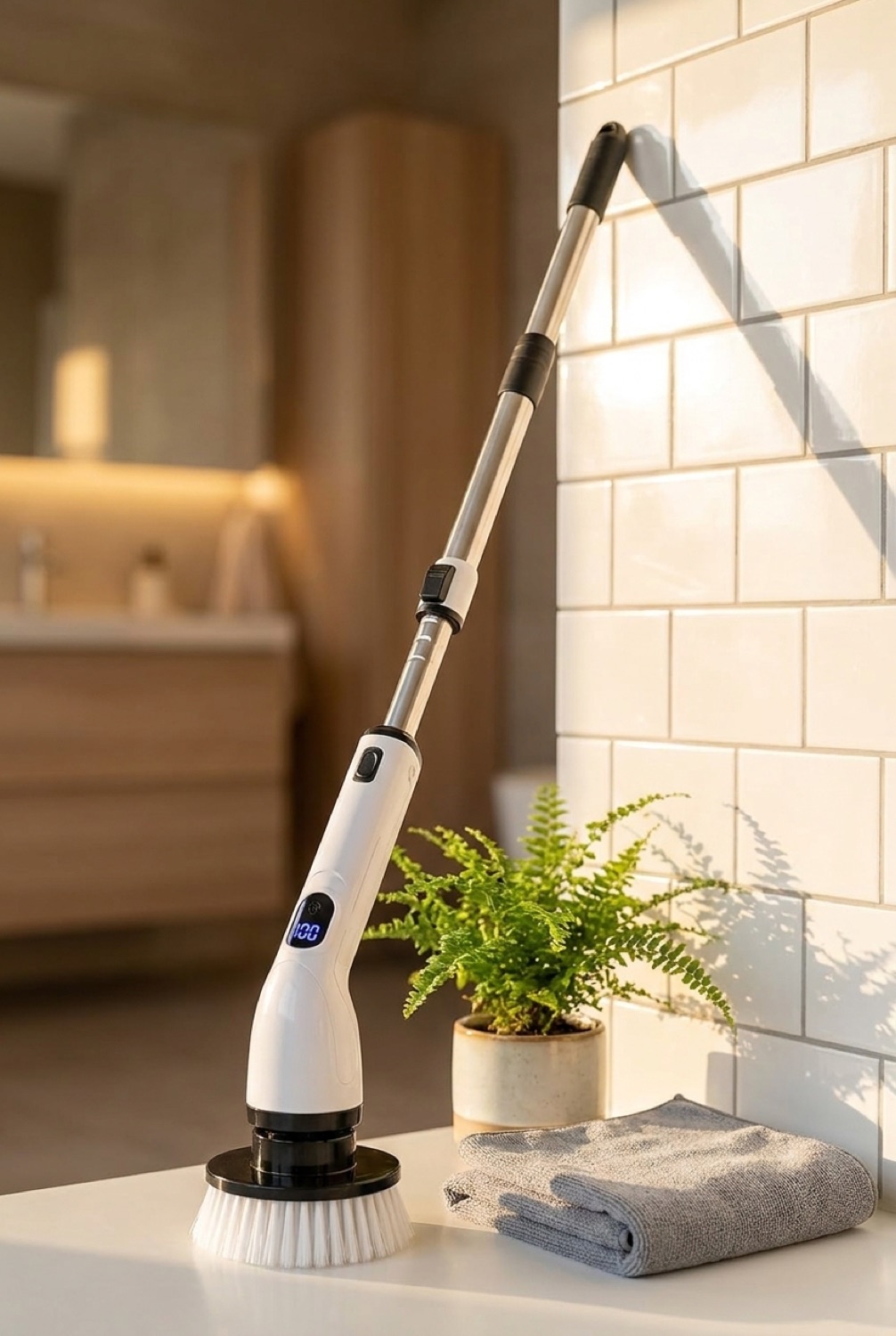 Cordless spin scrubber beside sparkling clean bathroom tiles in golden light
