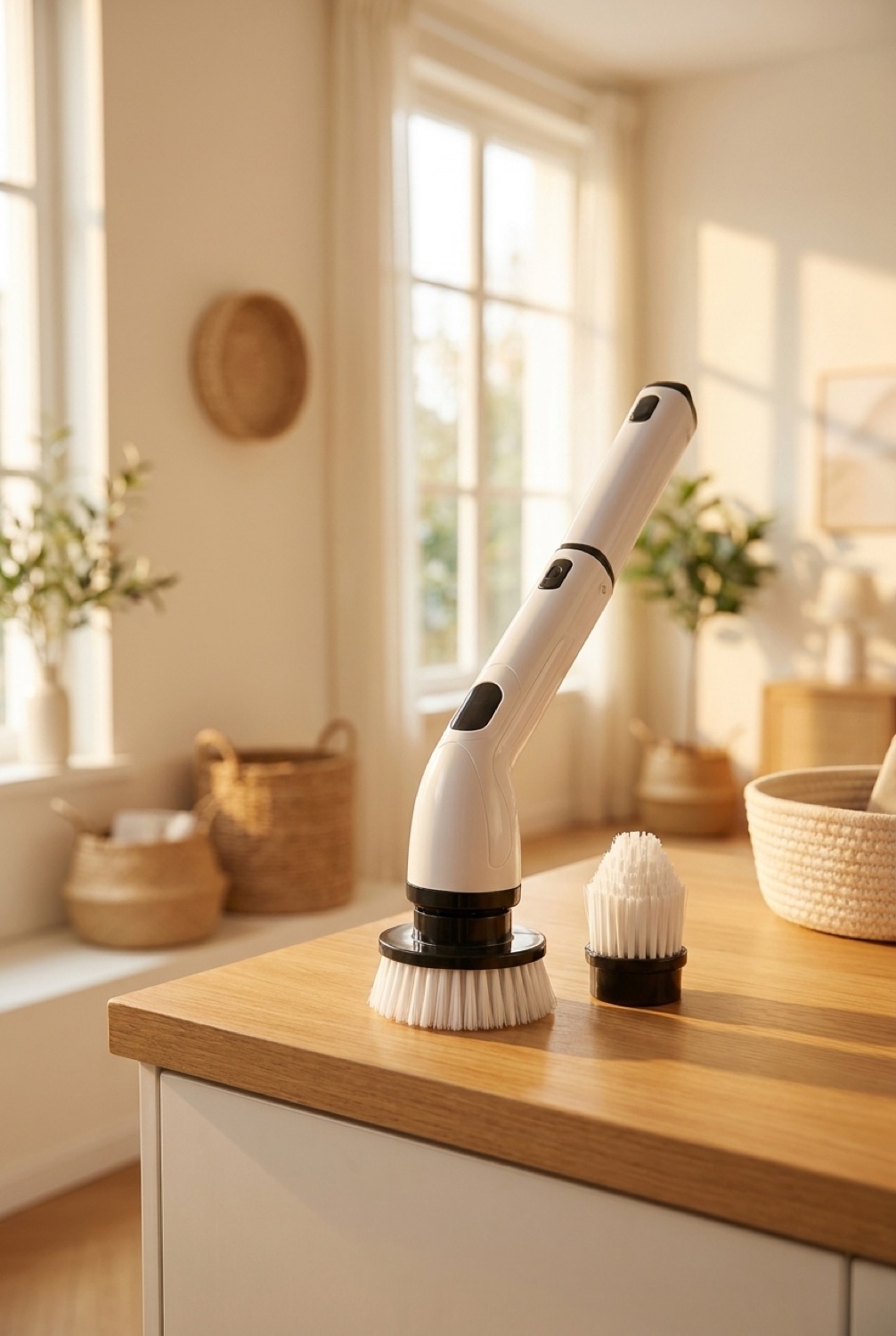 spin scrubber in a bright spotless home in soft golden-hour light