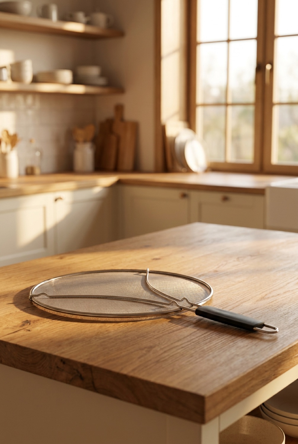 splatter screen on a warm oak kitchen counter in soft golden-hour light