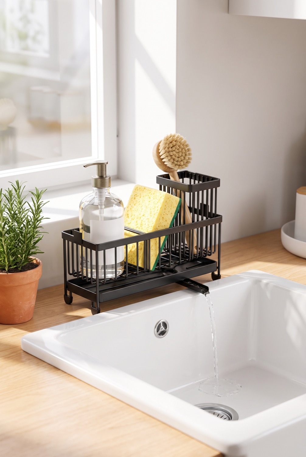 Sponge holder sink caddy on a clean white kitchen sink in bright morning light