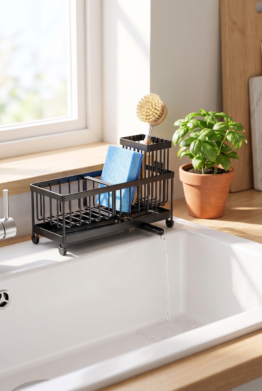 Tidy clean kitchen sink with a caddy holding a fresh sponge beside a potted herb