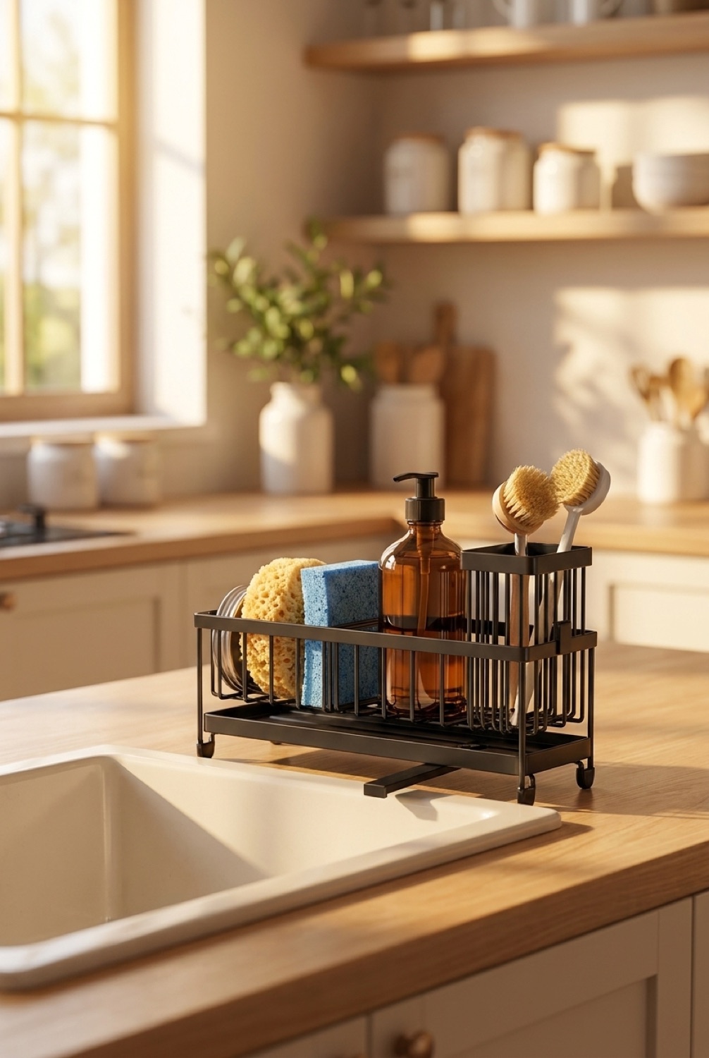 sponge holder caddy neatly arranged in a tidy space in soft golden-hour light