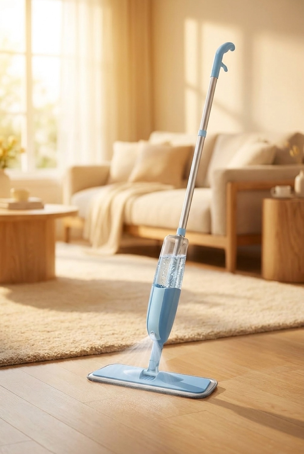 spray mop in a bright spotless home in soft golden-hour light