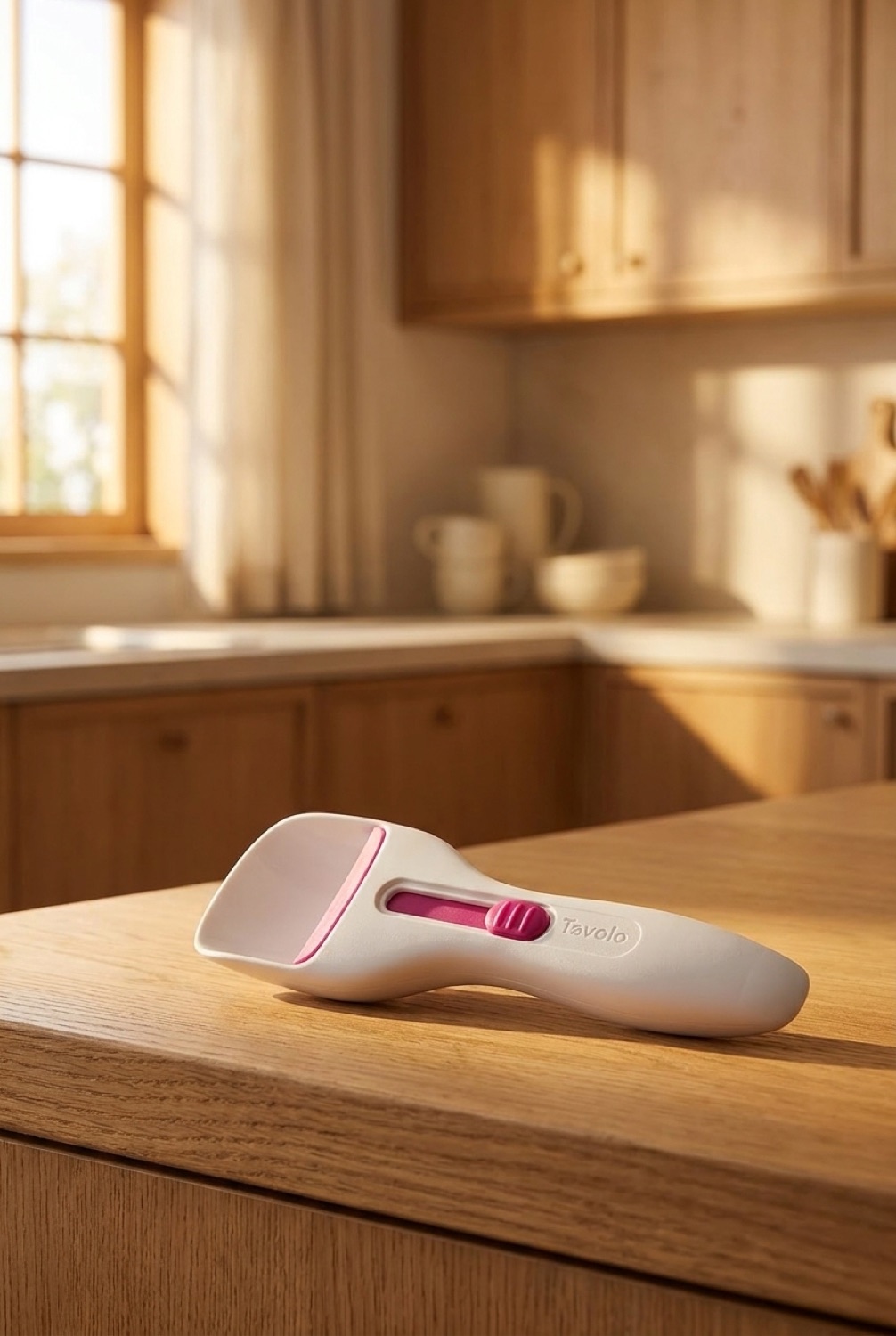 spring-loaded cupcake scoop on a warm oak kitchen counter in soft golden-hour light