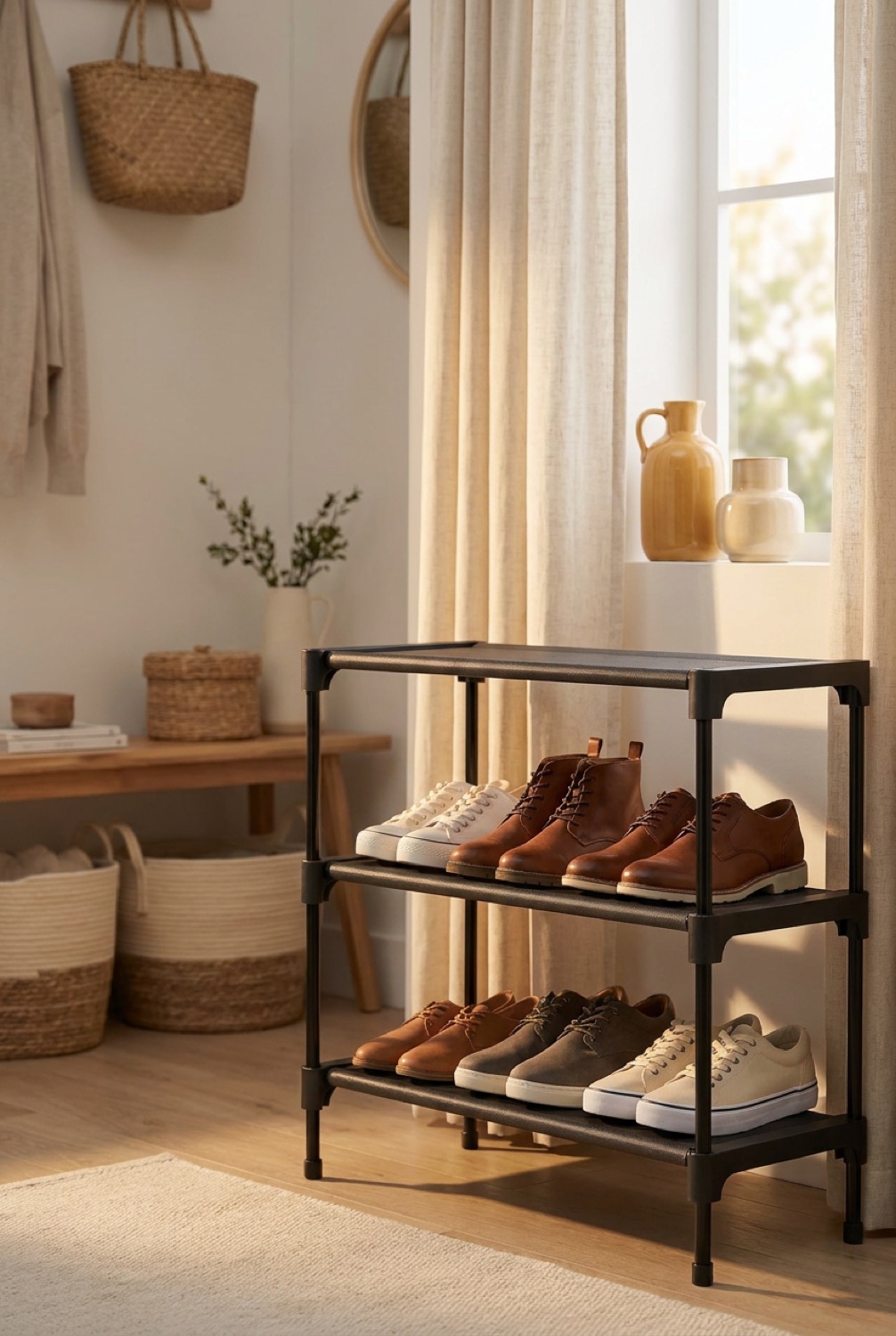 stackable shoe rack neatly arranged in a tidy space in soft golden-hour light
