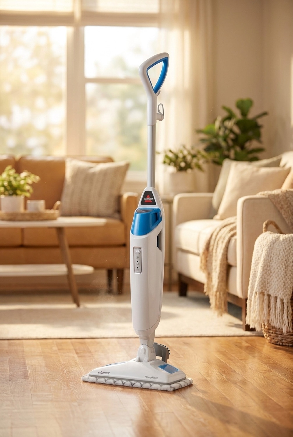 steam mop in a bright spotless home in soft golden-hour light