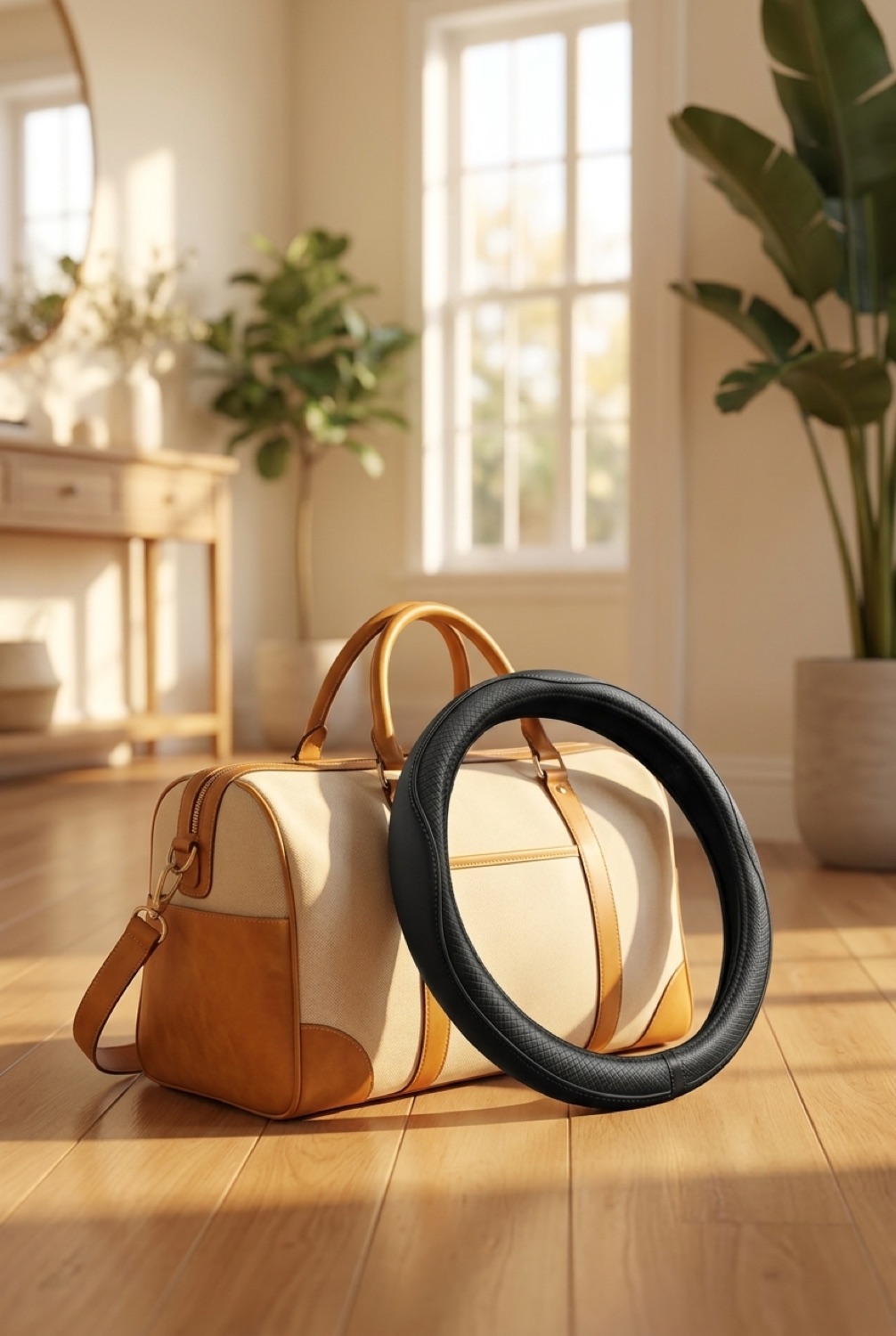 steering wheel cover beside a packed bag in a bright entryway in soft golden-hour light