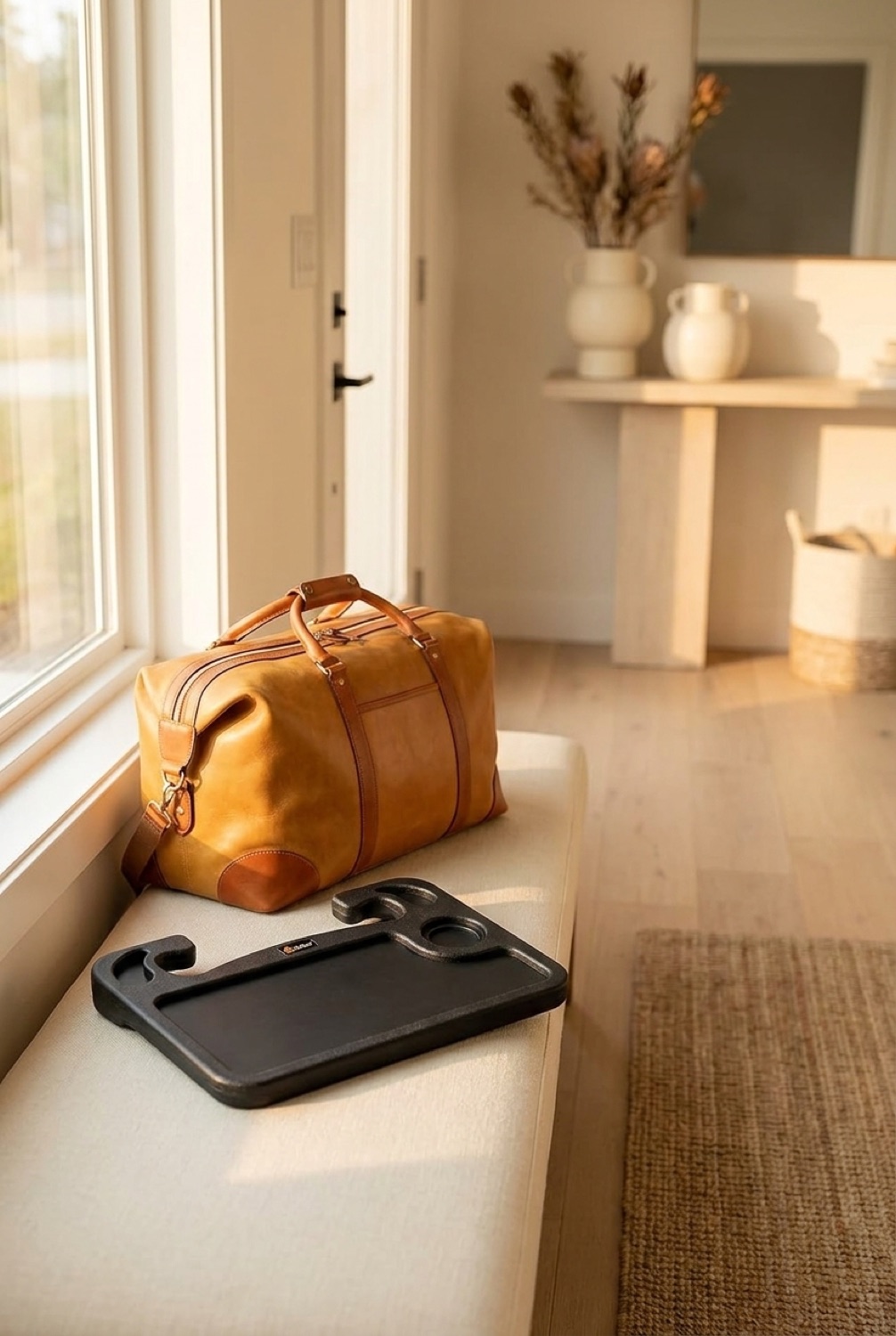 steering wheel desk beside a packed bag in a bright entryway in soft golden-hour light