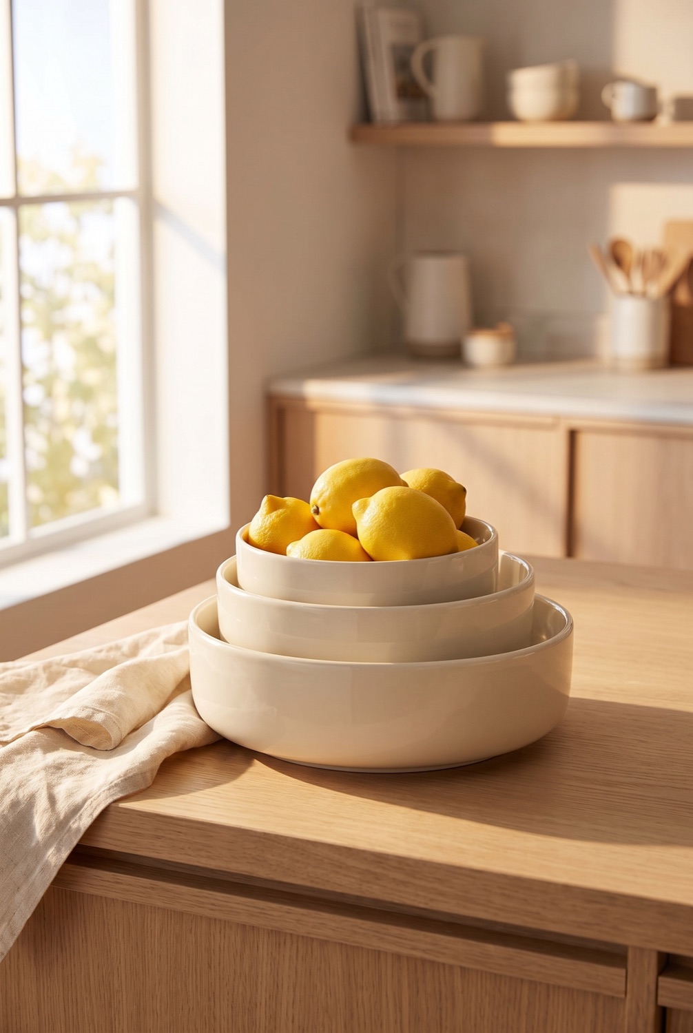 Ivory glazed stoneware serving bowls stacked on a light oak kitchen counter with lemons