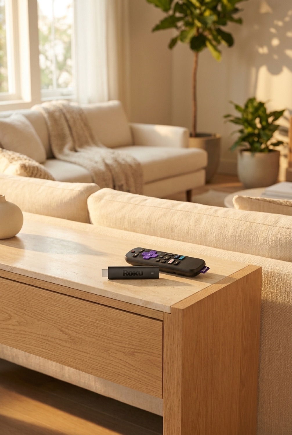 Streaming Stick in a calm modern living room in soft golden-hour light