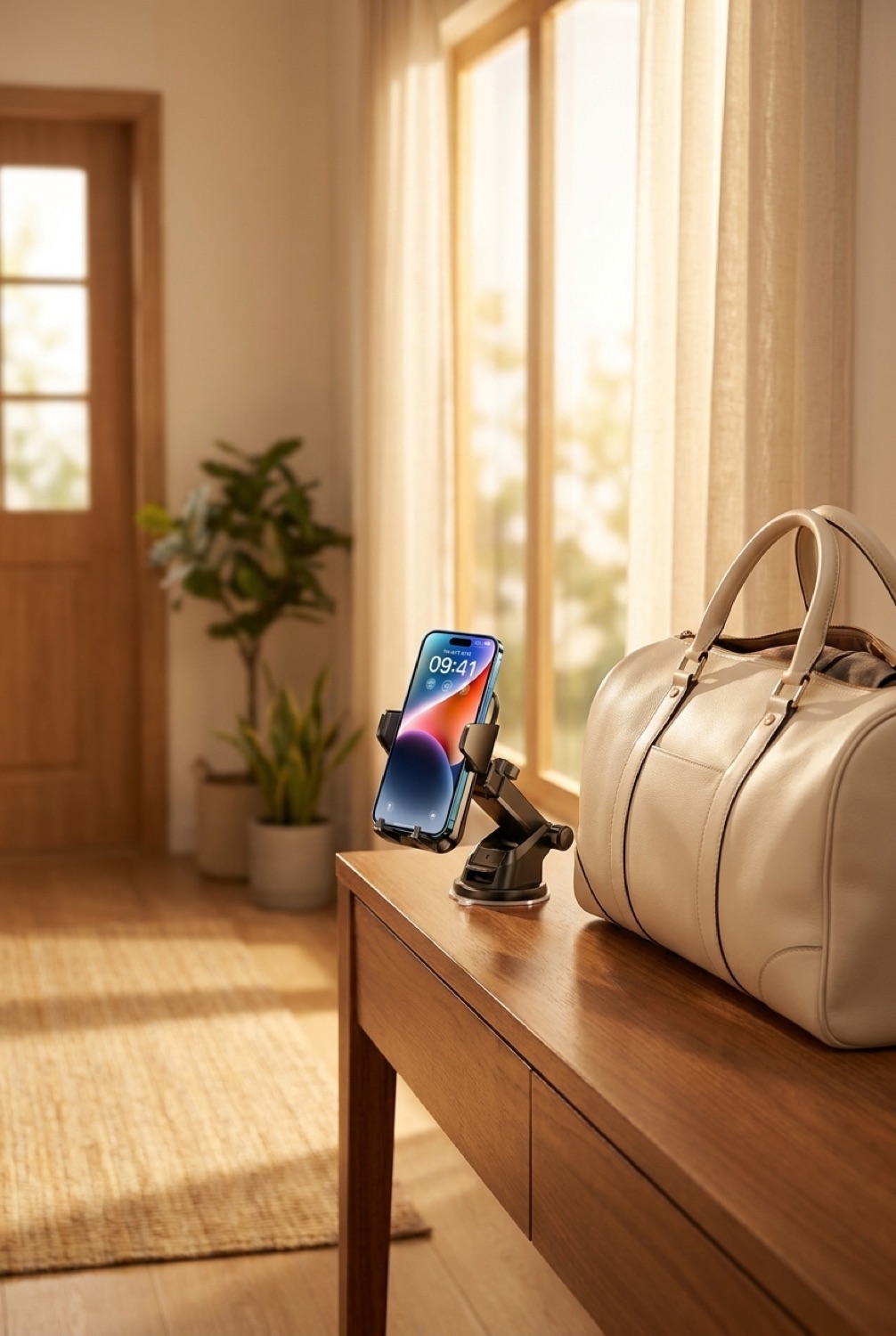 suction car phone mount beside a packed bag in a bright entryway in soft golden-hour light