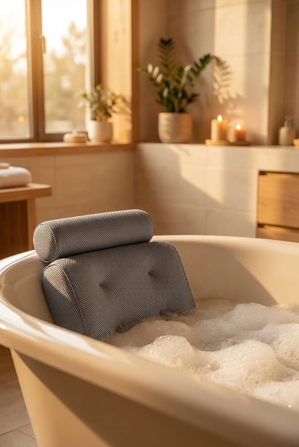 Suction Cup Bath Pillow in a serene minimalist bathroom in soft golden-hour light