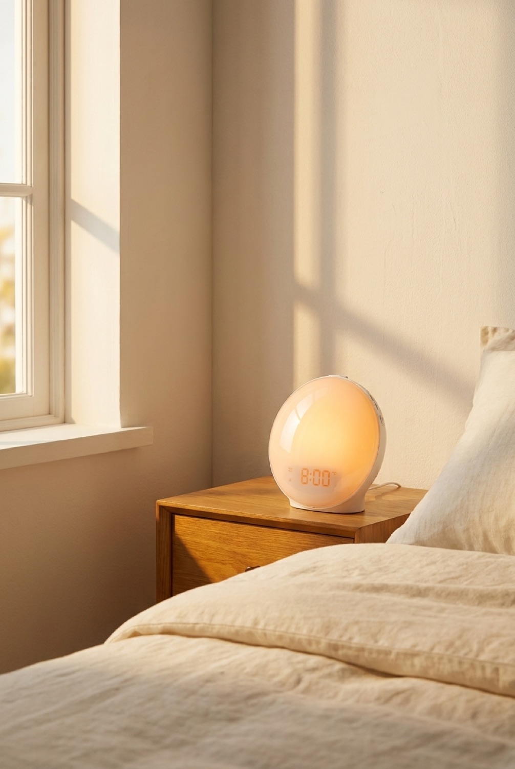 sunrise alarm clock in soft golden-hour light