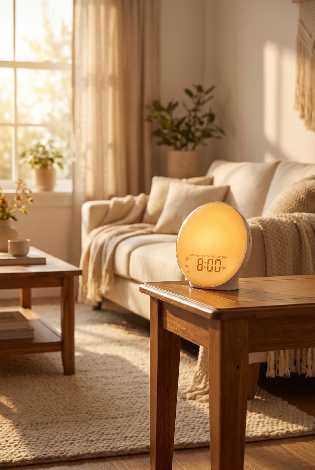 sunrise alarm clock in a warm cosy living room in soft golden-hour light
