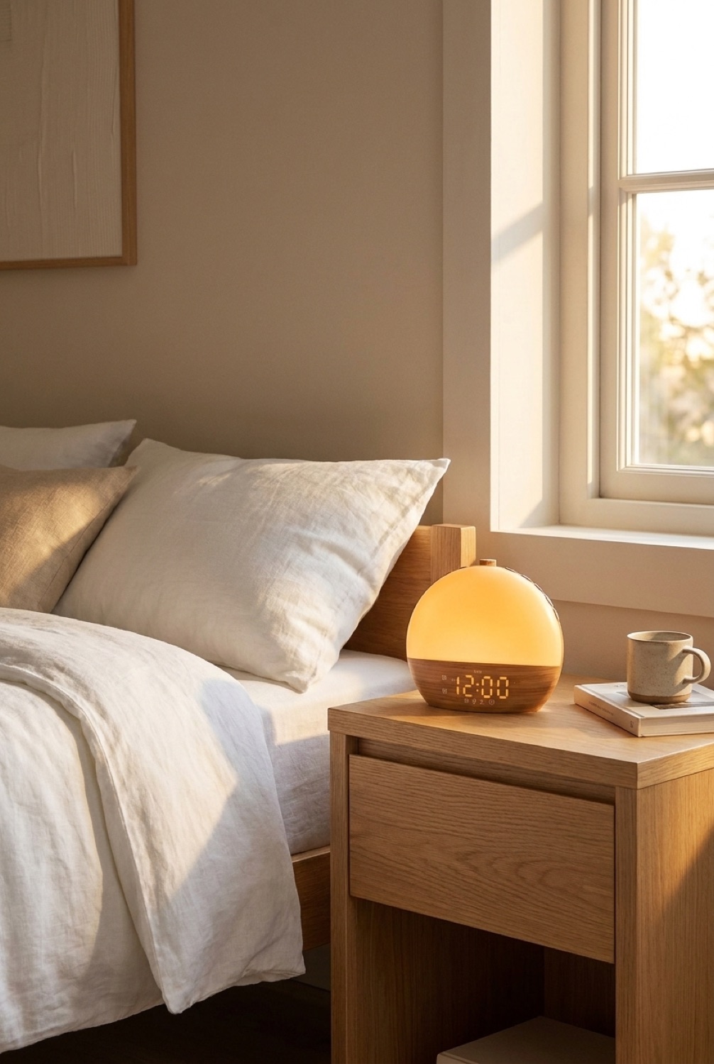 sunrise alarm clock in soft golden-hour light