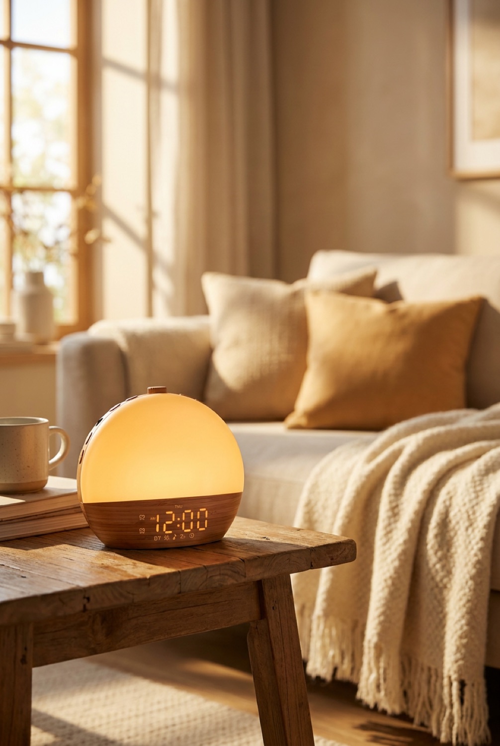 sunrise alarm clock in a warm cosy living room in soft golden-hour light